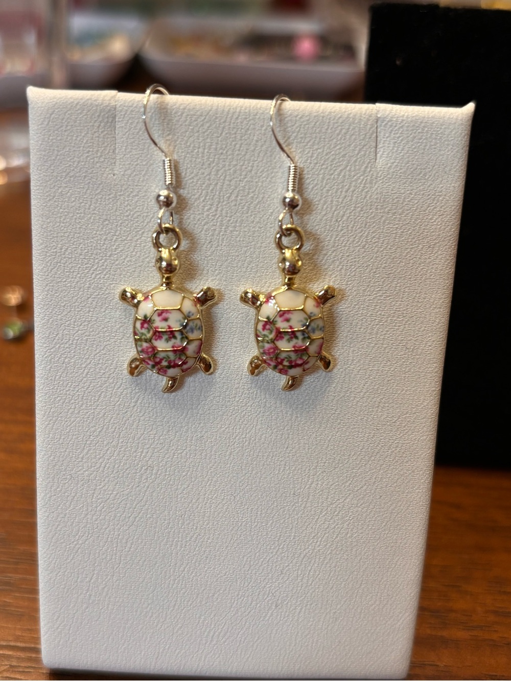 New cute Gold Turtle Drop Earrings with Pink Floral Enamel